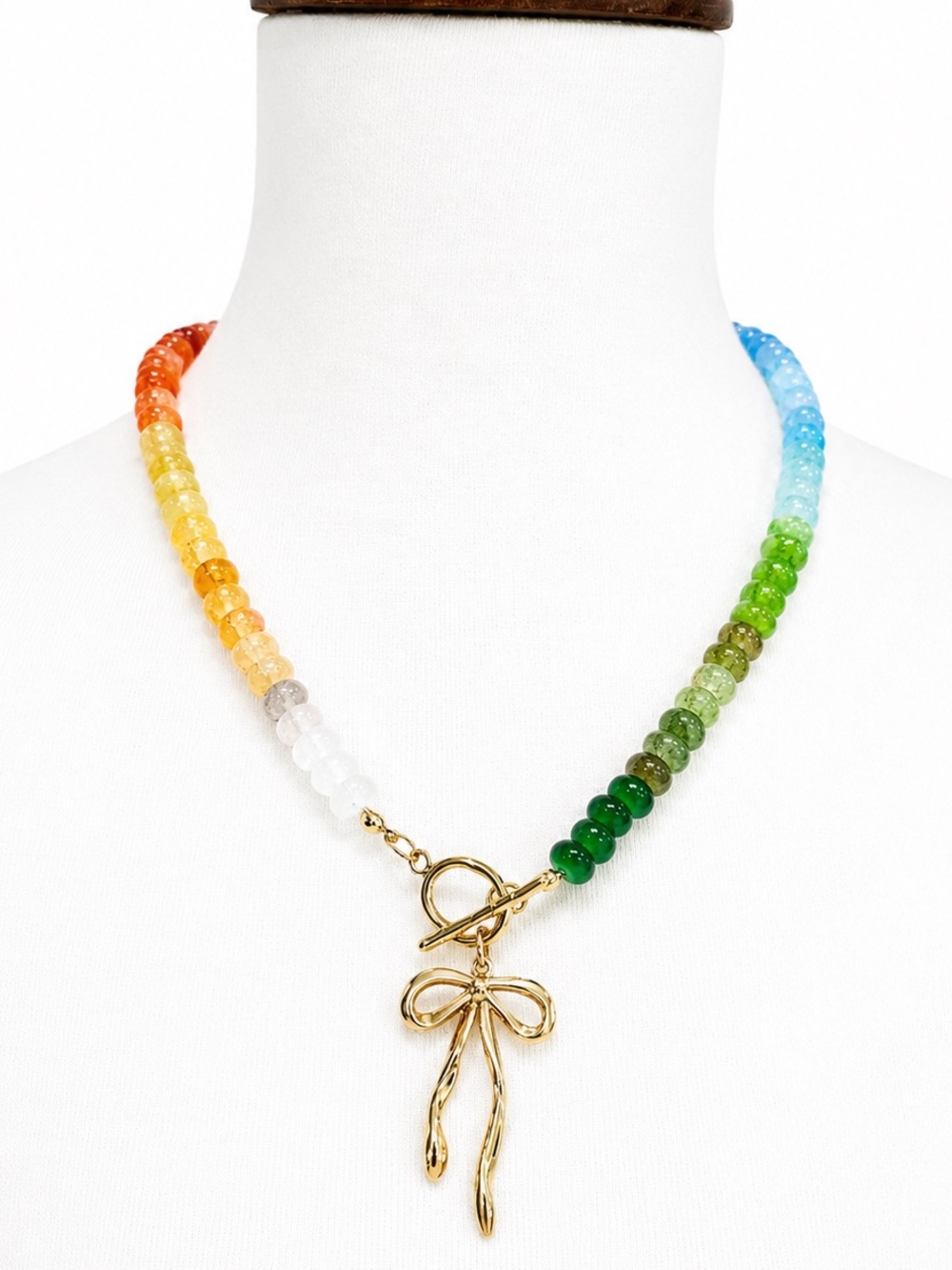 Rainbow Glass Multicolor Beaded Necklace with Gold Bow Pendant